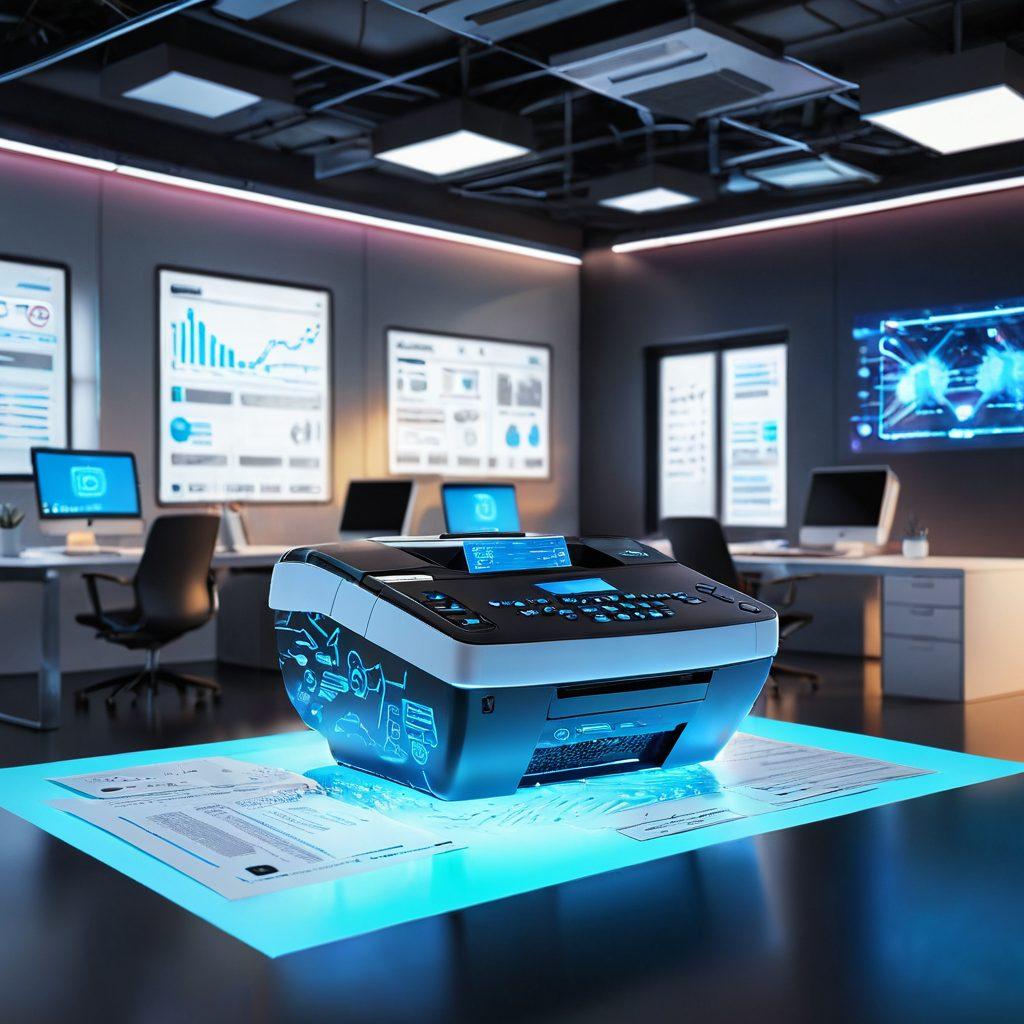 A futuristic office environment showcasing a sleek, automated fax machine surrounded by floating digital documents and secure holographic locks symbolizing security. The background depicts seamless digital communication with vibrant, interconnected lines representing technology. A professional using a tablet to send a fax effortlessly adds a human touch. super-realistic. vibrant colors. 3D.