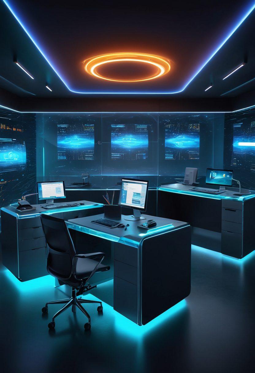 A futuristic office space showcasing a sleek digital fax machine emitting a holographic document, surrounded by screens displaying online communication tools. Include elements symbolizing fast data transfer, like light trails or digital waves, and a modern aesthetic with bright tech colors. super-realistic. vibrant colors. minimalistic design.