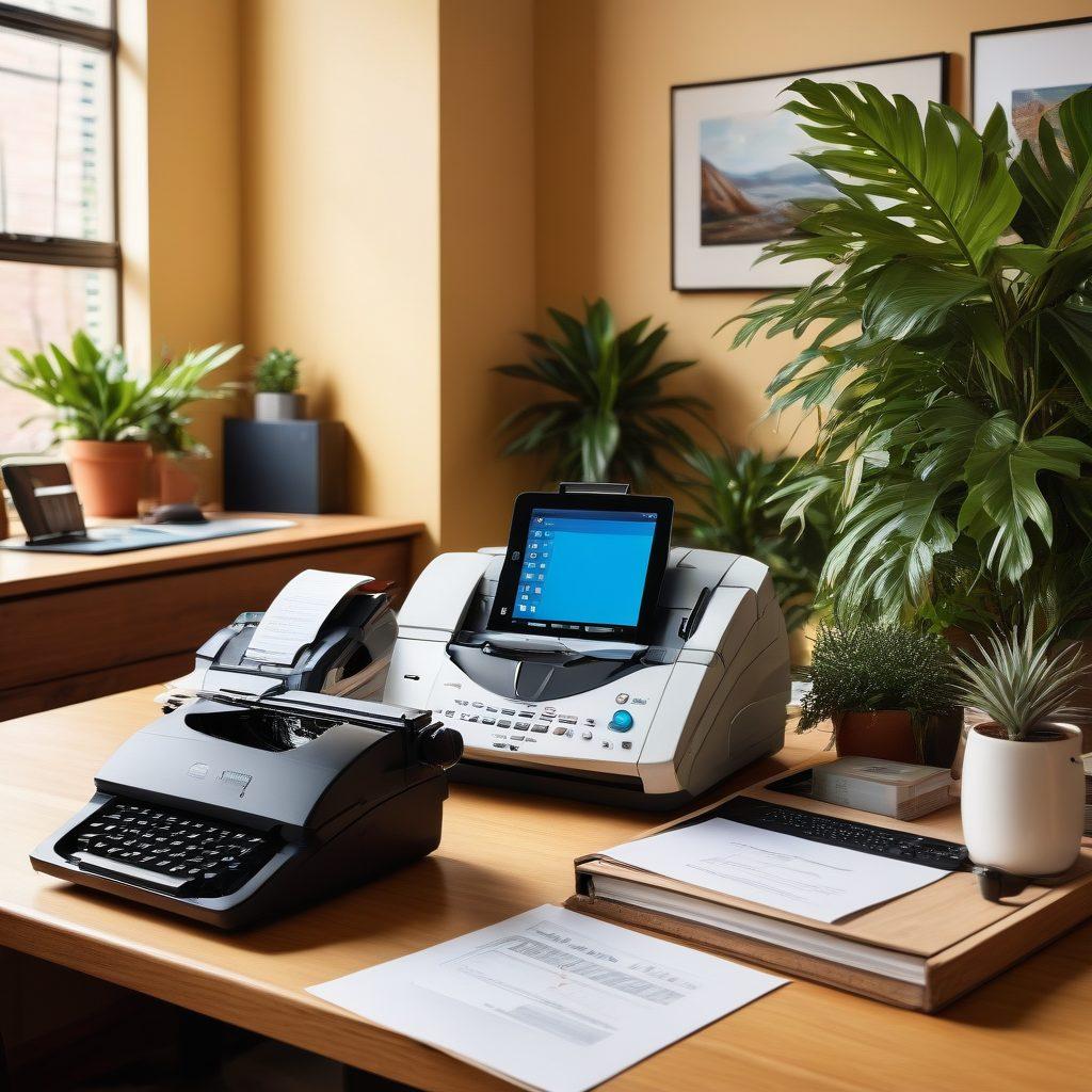 A split image showcasing the evolution of communication: on one side, an old-fashioned fax machine surrounded by paperwork, while on the other side, a modern digital interface displaying email and cloud services on a sleek laptop. Include elements that represent traditional business decor on the left and a contemporary workspace on the right. The background should subtly blend these two worlds to seamlessly depict the transition. vibrant colors. super-realistic.